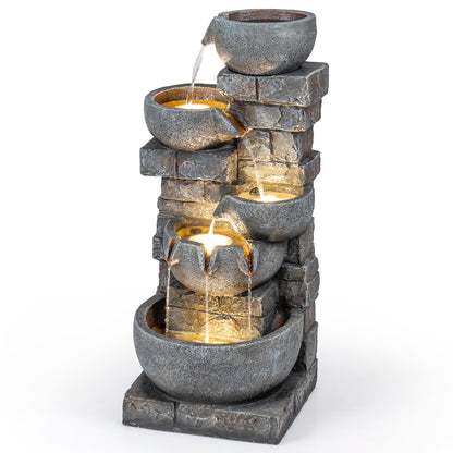 Giantex 33'' Water Fountain Outdoor, 5-Tier Cascading Stacked Stone Bowl Waterfall Fountain with LED Lights & Pump, Outside Water Feature for Patio, Balcony, Deck, Garden, Yard Decor