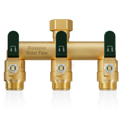 LNEZCDB 3 Way Hose Splitter, Heavy Duty Full Flow Garden Water Hose Bib Spigot Splitter, Brass Rust and Freeze Resistant Outdoor Faucet Splitter, T Adapter Connector with 3/4 - Inch GHT Thread （Green）