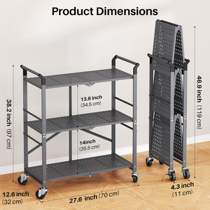 3 Tier Utility Carts - Folding Metal Rolling Cart with Wheels for Kitchen Office Garage Storage, Grey