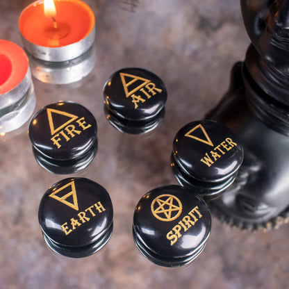 Crocon 5 Elements Black Tourmaline Stones Round Shape Engraved Triangle Symbols (Earth Air Fire Water Spirit) Polished Palm Stones Gemstone Reiki Crystals Healing Stones Meditation Divination Gifts