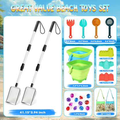 Beach Sand Toys Set with 2 PCS Adjustable Shark Tooth Sifter, Collapsible Beach Bucket,Sandbox Shovels,Sand Castle Kit,Diving Gem,Seashell Bags,Sand Sifter Shell Scooper Beach Essentials for kids 3-12