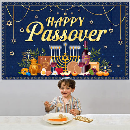 Happy Passover Banner Backdrop - 72'' x 43'' Passover Banner Decoration, Hanging Jewish Pesach Background Decor for Wedding Festive Welcome Banner Passover Party Supplies