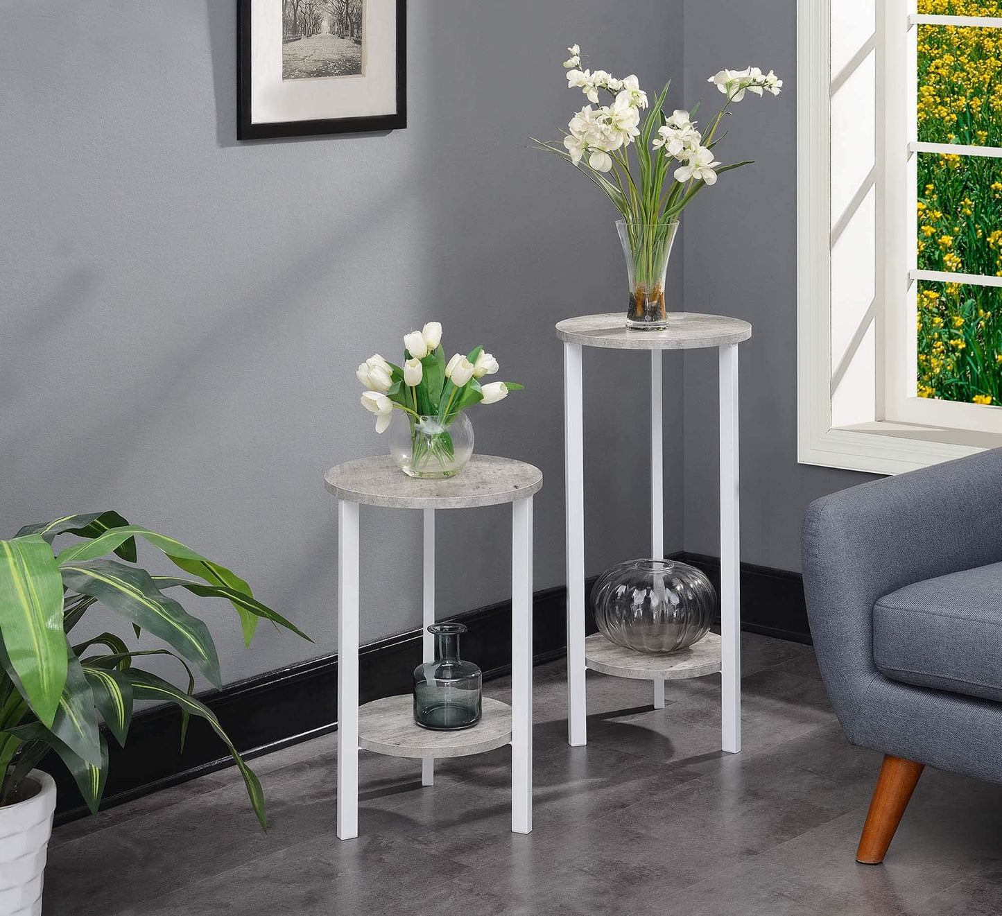 Convenience Concepts Graystone 24 inch 2 Tier Plant Stand - Industrial Stand for Plants, Vases, and Antiques, Urban Modern Design for the Living Room, Hallway, Entryway, Faux Birch/White