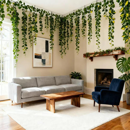 Jangmont Fake Vines for Room Decoration Artificial Ivy Garland Hanging Vines Faux Vines Decor for Wall Bedroom Outdoors Garden Wedding Office Patio (Pothos-Lesves, 12PCS 84FT)