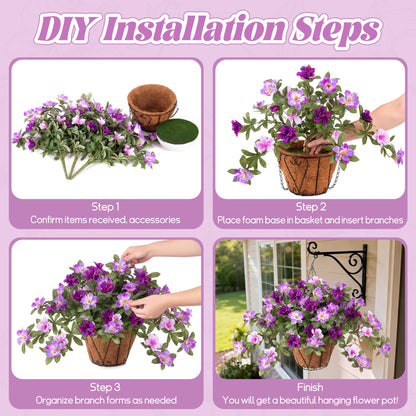 Ammyoo Artificial Hanging Flowers for Outdoors Hanging Baskets, 3 Pcs Fake Silk Flower with Hanging Baskets Planter for Spring Summer Garden Porch Patio Yard Outside Decor