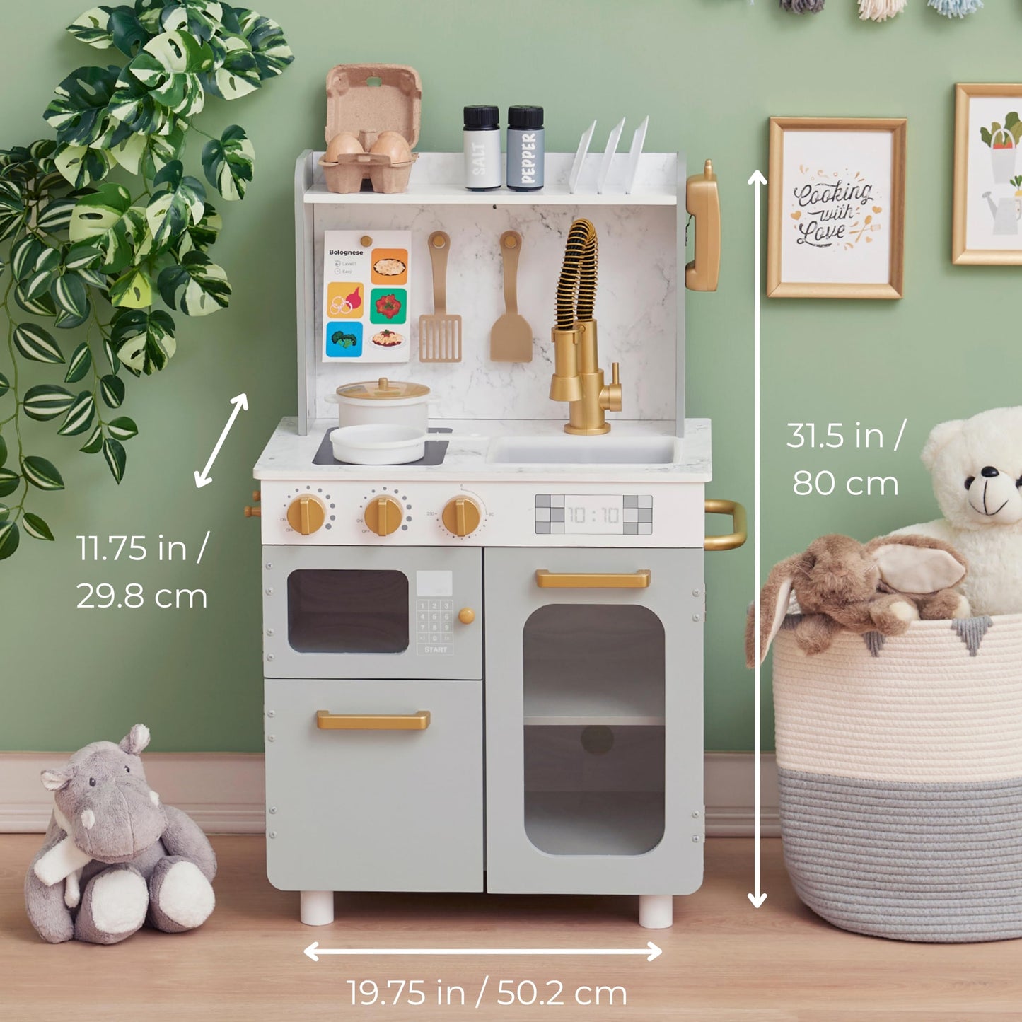 Teamson Kids Little Chef Memphis Wooden Play Kitchen for Toddlers with 16 Accessories, Realistic Pretend Cooking Set with Microwave Oven Sink Faucet Storage for Kids Ages 3+ Gray Gold Marble