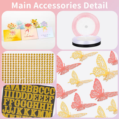 BESUPERT 52Pcs Flower Bouquet Wrapping Paper Kit, 20 Sheets Black Waterproof Floral Wrapping Paper, 1 Letter 1 Rhinestone Sticker, 12 Gold 12 Pink Butterflies, 5 Cards, 1 Black Ribbon (Gold Edge)