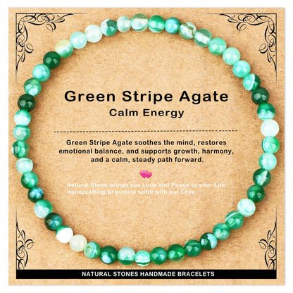 AD Beads 4mm Handmade Green Stripe Agate Elastic Bracelet – Natural Gemstone for Calm energy – Meditation, Yoga, Healing and Energy Gift for Men Women