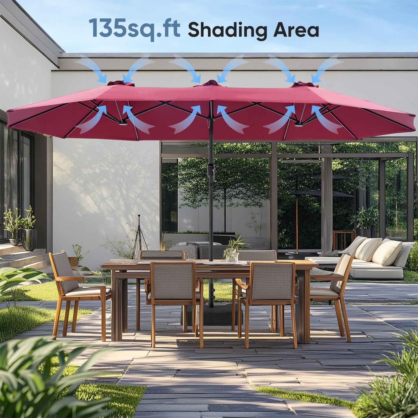 DUMOS 15FT Large Patio Umbrella with Base Included, Heavy Duty Extra Wide Outside Umbrella with 12 Ribbed Bars, Rectangle Outdoor Table Umbrella for Patio, Backyard, Pool, Deck & Garden, Red