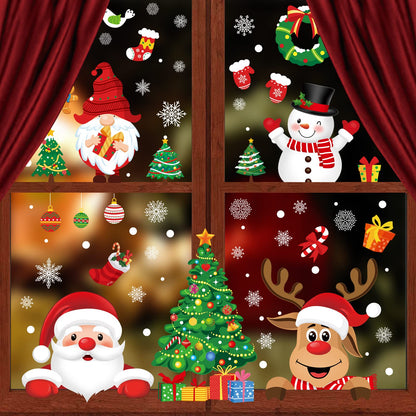 Christmas Window Clings 245pcs Christmas Decals Reusable Double Sided Printed Self Adhesive Window Decorations Santa Claus, Moose, Snowman,Socks,Dwarfs,Xmas Tree and Snowflakes Window Clings, 9 Sheet