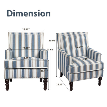 WakeZero Accent Chair, Comfy Cozy Modern Mid-Century Accent Chairs, Linen Upholstered Lounge Arm Chair with Solid Wood Reading Side Padded Single for Living Room/Office/Balcony/Bedroom-Blue Stripe