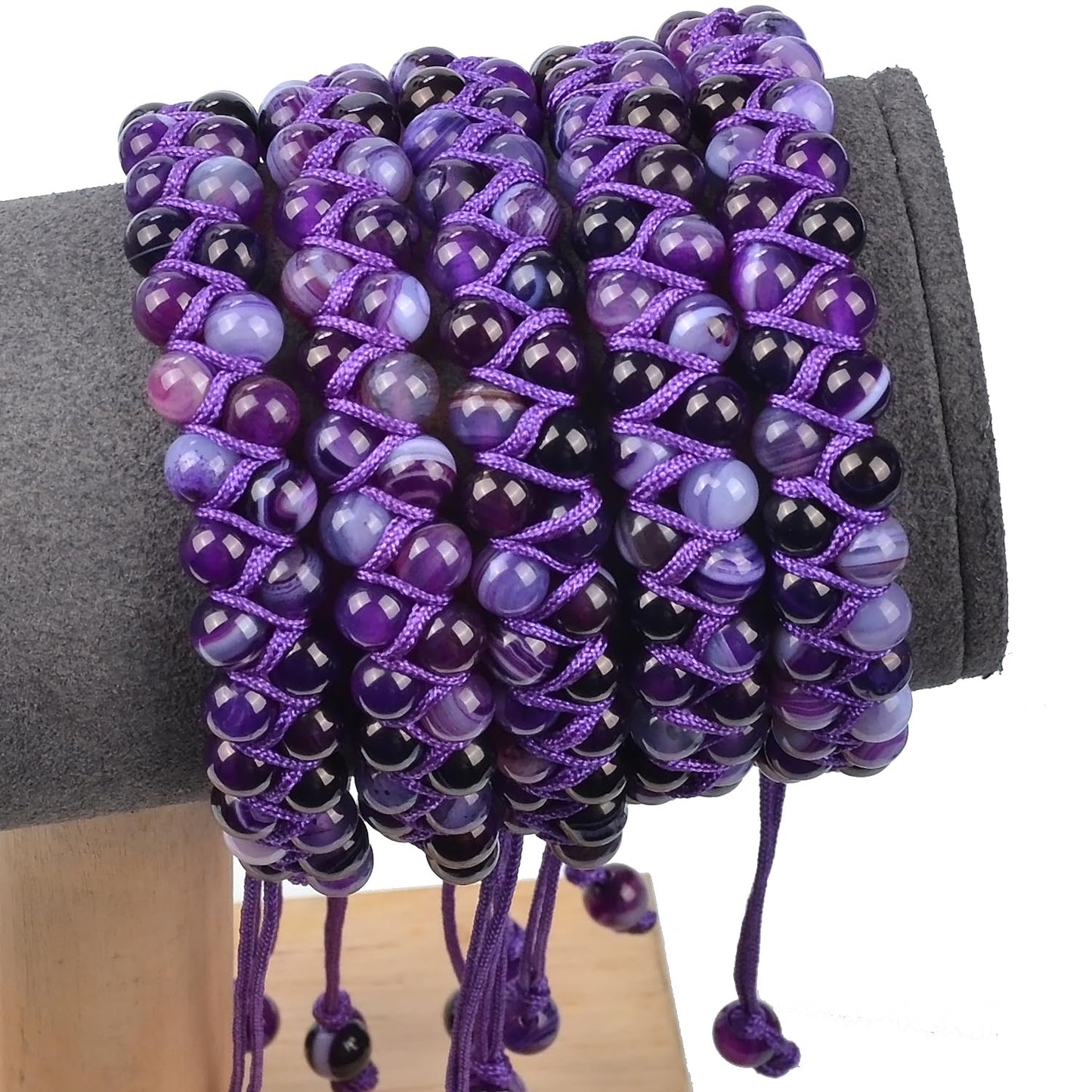 MASSIVE BEADS Natural Chakra Healing Power Crystals Macrame Bracelet Yoga Double Layer Stone Beads Gemstone Meditation Relax Anxiety Bangle for Unisex Women Men (Purple Strip Agate, 6mm)