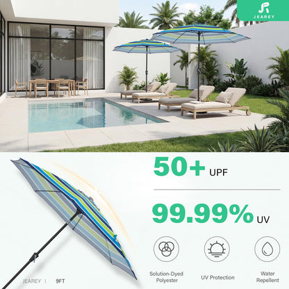 JEAREY 9FT Outdoor Patio Umbrella,Market Table Umbrella with 8 Fiberglass Ribs, Pool Umbrella with Tilt and Crank, UV Protection Lightweight & Wind-Resistant for Lawn, Garden, Deck and Backyard, Blue-Green Stripe