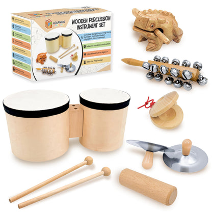 Toddler Drum Set & Musical Instruments for Toddlers – Montessori Wooden Percussion Instrument Set with Bongo Drum, Jingle Bells, Cymbals, Castanet & Guiro | Ages 3+