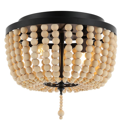 JONATHAN Y 10" Black/Cream Allison 2-Light LED Flush Mount Ceiling Light for Bedroom, Wood Beaded Shade Shabby Chic Farmhouse Rustic Decor, LED Bulbs Included (JYL9074B)