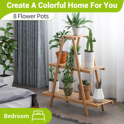 BMOSU Plant Stand Bamboo for Indoor Outdoor Tiered Plant Shelf 8 Potted Flower Holder Ladder Rack Garden Balcony Living Room Patio(3 Tier Natural)