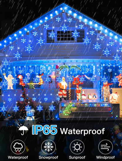 BEEWIN Christmas Snowflake Lights Outdoor,8.2 FT 144 LED Snowflake Icicle Lights with 12 Drops,8 Modes Timer Waterproof Connectable Xmas Light for Eaves,Windows,Curtain,Indoor Outdoor(Blue White)