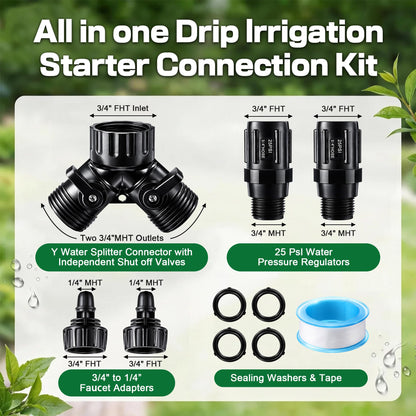 6 Pcs Drip Irrigation Kit, Included 2 Way Y Water Splitter Connector, 2 Pcs 25 PSI Garden Hose Pressure Regulator and 2 Pc 1/4 Inch Irrigation Tubing Hose Adapter for Drip Irrigate System