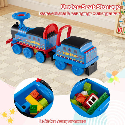 Costzon 2-Seater Ride on Train with Carriage, 6V Ride on Toy w/Under-Seat Storage, Footrests, Train Whistle, Music & Colorful Flashing LED Lights, Electric Car for Kids (2 Seaters, Blue)