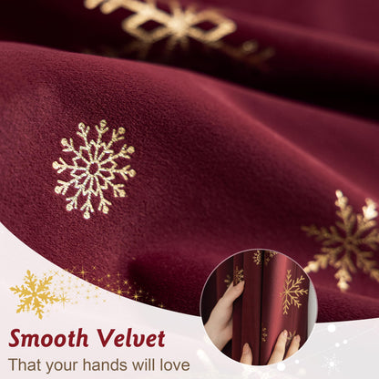 Beauoop Christmas Red Velvet Curtains 84 Inches Long 2 Panels for Bedroom Living Room Gold Snowflake Holiday Decor Burgundy Thermal Insulated Room Darkening Rod Pocket Window Treatments Drapes, 52X84