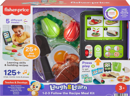 Fisher-Price Preschool Kitchen Playset Laugh & Learn 123 Follow The Recipe Meal Kit 30-Piece Pretend Cooking Toy Set for Ages 3+ Years