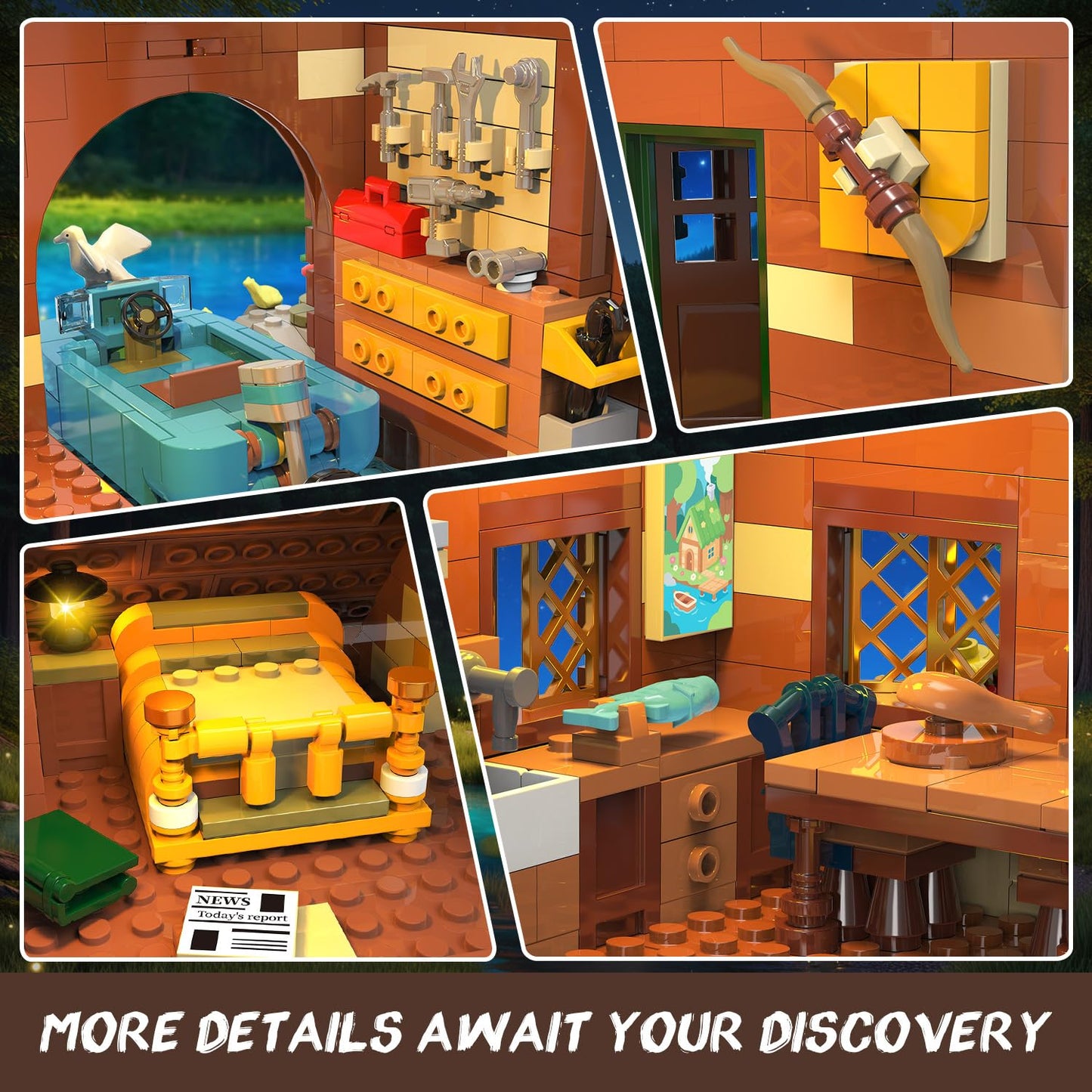 INSOON Overwater Cabin Mini Building Set with Light, 2423 PCS Wooden Forest House Building Block Toy with Boat Bike Animals, Home Decor Treehouse Construction Model Kit for Adults Teens Boys Girls 12+