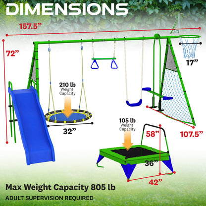 FITNESS REALITY KIDS Sports Outdoor 8 Station Playground Set, Includes Swing Set, Slide, Monkey Bars, Basketball Hoop, Trampoline, Soccer and Basketball + Pump, Green