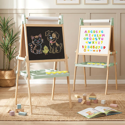 JOYOOSS Easel for Kids Ages 4-8 Easels for Toddlers Art Kids Easel Age 8-12 Wooden Drawing Easels Double-Sided Magnetic Whiteboard Chalkboard with Paper Roll for Kid Dry Erase Board Green