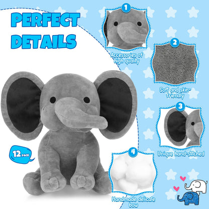 Tradder 12 Pcs Elephant Stuffed Animals 10 Inch Stuff Animal Plush Toy for Baby Shower Cute Soft Elephant Toys for Birth Stats Babies Girls Boys Infant Newborn Party Supplies Graduation Gift(Gray)