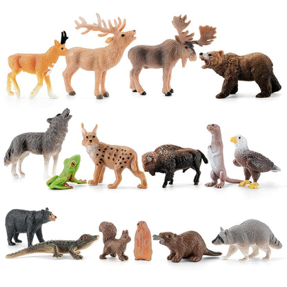 THINKBAY 16PCS Mini North American Forest Woodland Animals Figurines Toys, Realistic Jungle Wild Animal Figures with Wolf,Bear,Bison,Reindeer,Birthday Party Favors Valentine's Day Gifts for Kids