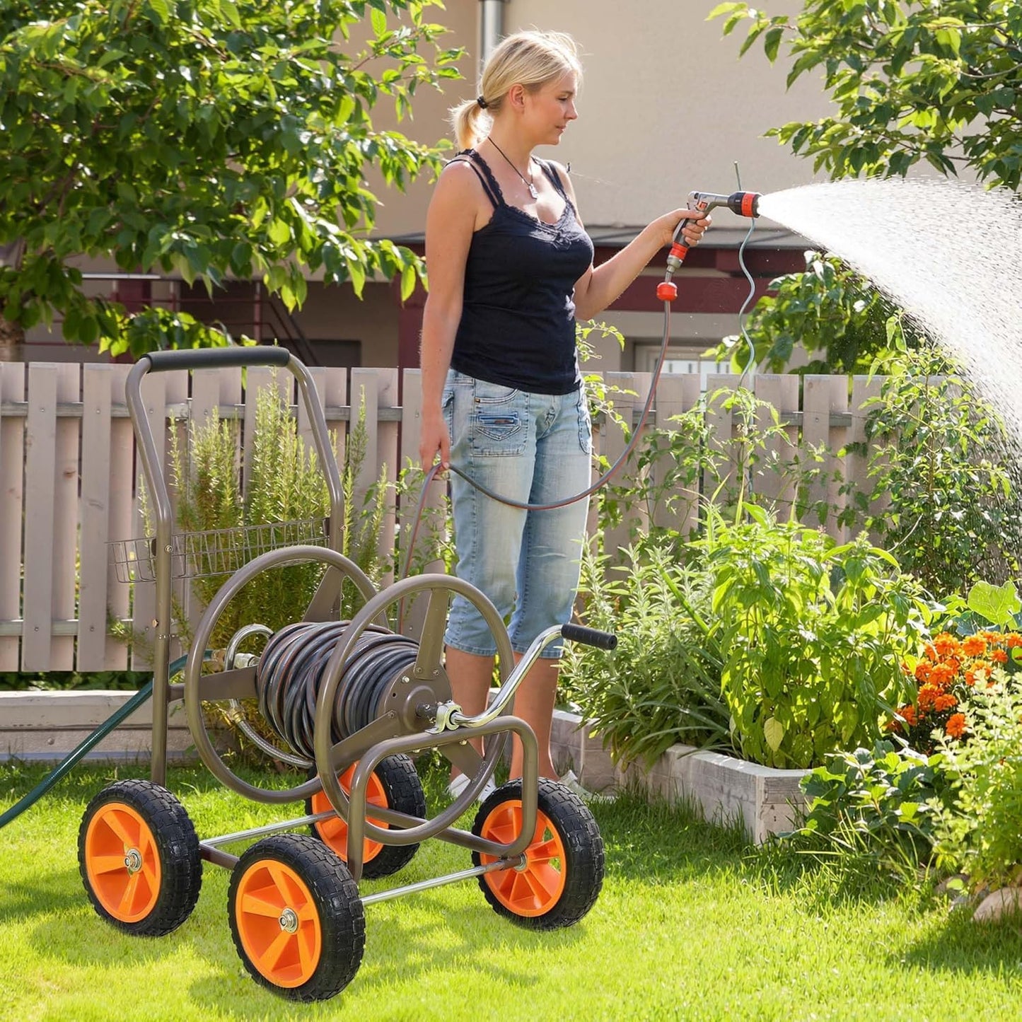 2026 Upgraded Hose Reel Cart with 10" NO-FLAT TIRES, 250FT 5/8" Heavy-Duty Steel Frame, Easy-Rolling All-Terrain Mobility for Tangle-Free Garden Hose Storage, Lawn Yard