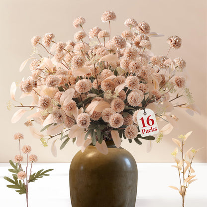 Alupssuc 16PCS Faux Silk Pompon Mums Artificial Flowers with Eucalyptus, Fake Chrysanthemum Floral for DIY Vase Arrangement, Long Stem Dining Table Centerpiece Home Decor, Beige