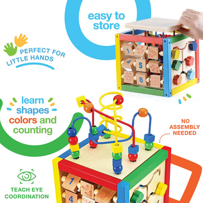 Play22 Wooden Activity Cube for Baby - 6 in-1 Baby Activity Play Cube with Bead Maze, Shape Sorter, Abacus Counting Beads, Counting Numbers, Sliding Shapes, Removable Bead Maze, 8Pcs Stacking Cups