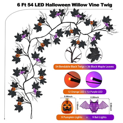 6FT 54 LED Willow Vine Twig Decor Black Halloween Garland with Pumpkin Bat Orange & Purple Light, 8 Modes Waterproof Battery Operated Indoor Halloween Decorations