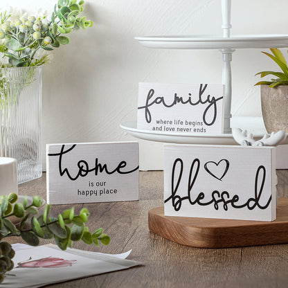 Jetec 3 Pcs Family Home Blessed Rustic Wood Sign Mini Wood Decorative Farmhouse Woodworks Table Shelves Decorations Sign for Bedroom Kitchen Living Room Table Decor(White,4.25 x 2.76 x 0.59 in)