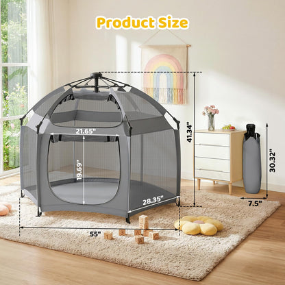 Dripex Pop Up Playpen for Babies and Toddlers with Built-in Pad & One-Click Safe Lock,Foldable Indoor/Outdoor Playpen with Roll-Up Door &Top Mesh Window, Portable Travel Play Pen &Baby Beach Tent,Grey