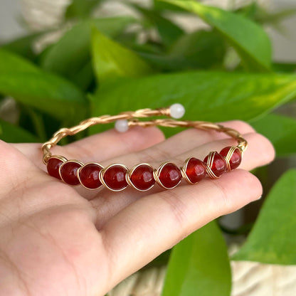 PSEEHEE Handmade Genuine Red Agate 14k Gold Filled Wire Wrapped Bracelet, Birthstone Chakra Healing Grounding Gemstone Crystal Beads Adjustable Bangle Cuff Jewelry Gift for Women
