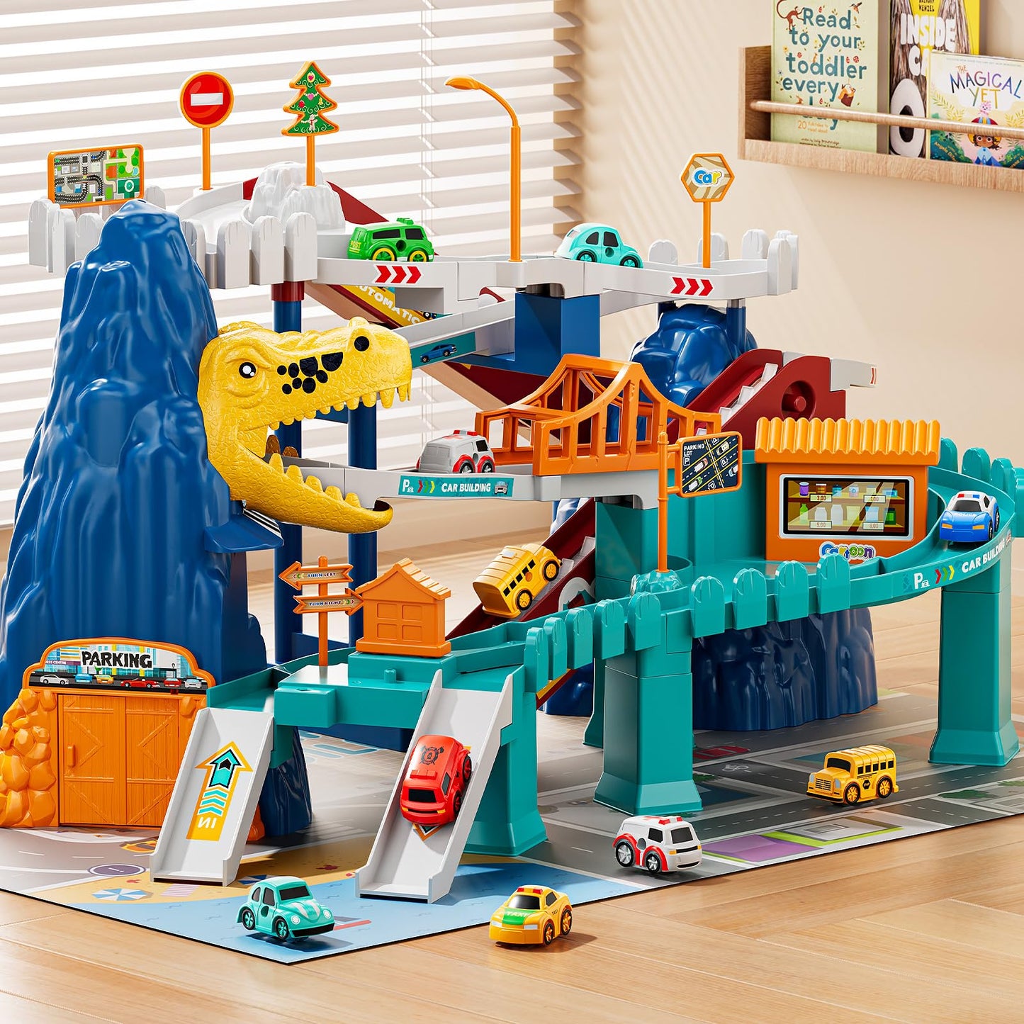 NIPLOOOW Dinosaur Race Track Playset for Boys Kids 3-5, Dinosaur Climbing Hills Car Track Play Set with 10 Mini Racer Cars, Kids Car Ramp Track Toys for 3 4 5 6 7 8 Year Old Boys Girls