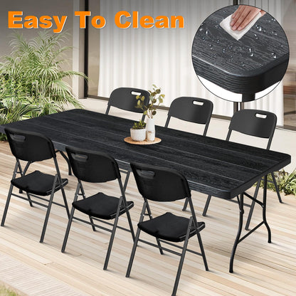 FROASISPRO 6ft Folding Table, Portable Heavy Duty Plastic Fold-in-Half Utility Table for Indoor/Outdoor Use, Dining, Camping, Picnic, Party, Black Woodgrain