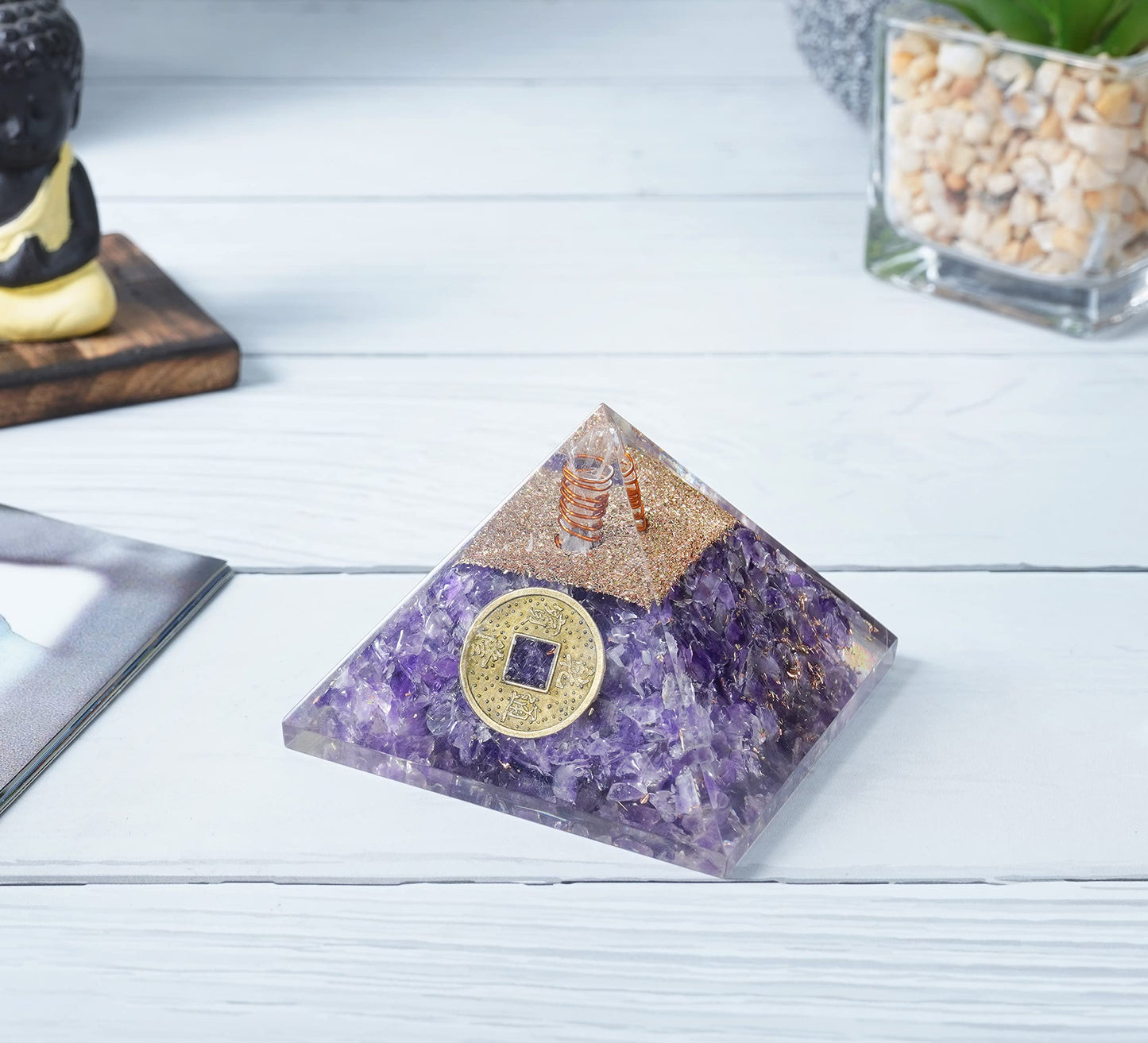 "55mm orgone pyramid Amethyst protection crystals reiki supplies healing stones, organite pyramid for good luck gift for women men gemstone crystal chakra charm orgone generator orgonite collection"