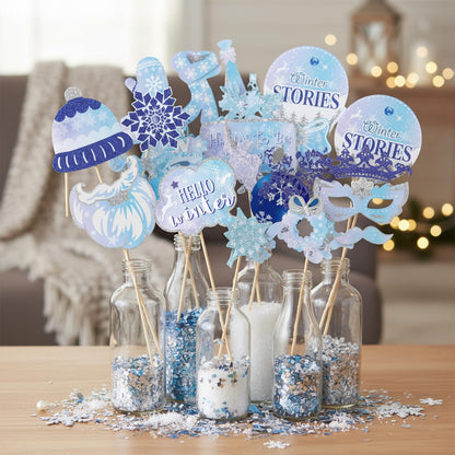 Winter Photo Booth Props - Set of 33 Winter Wonderland Party Decorations Christmas Photo Booth Props for Froze Party Holiday Party Supplies