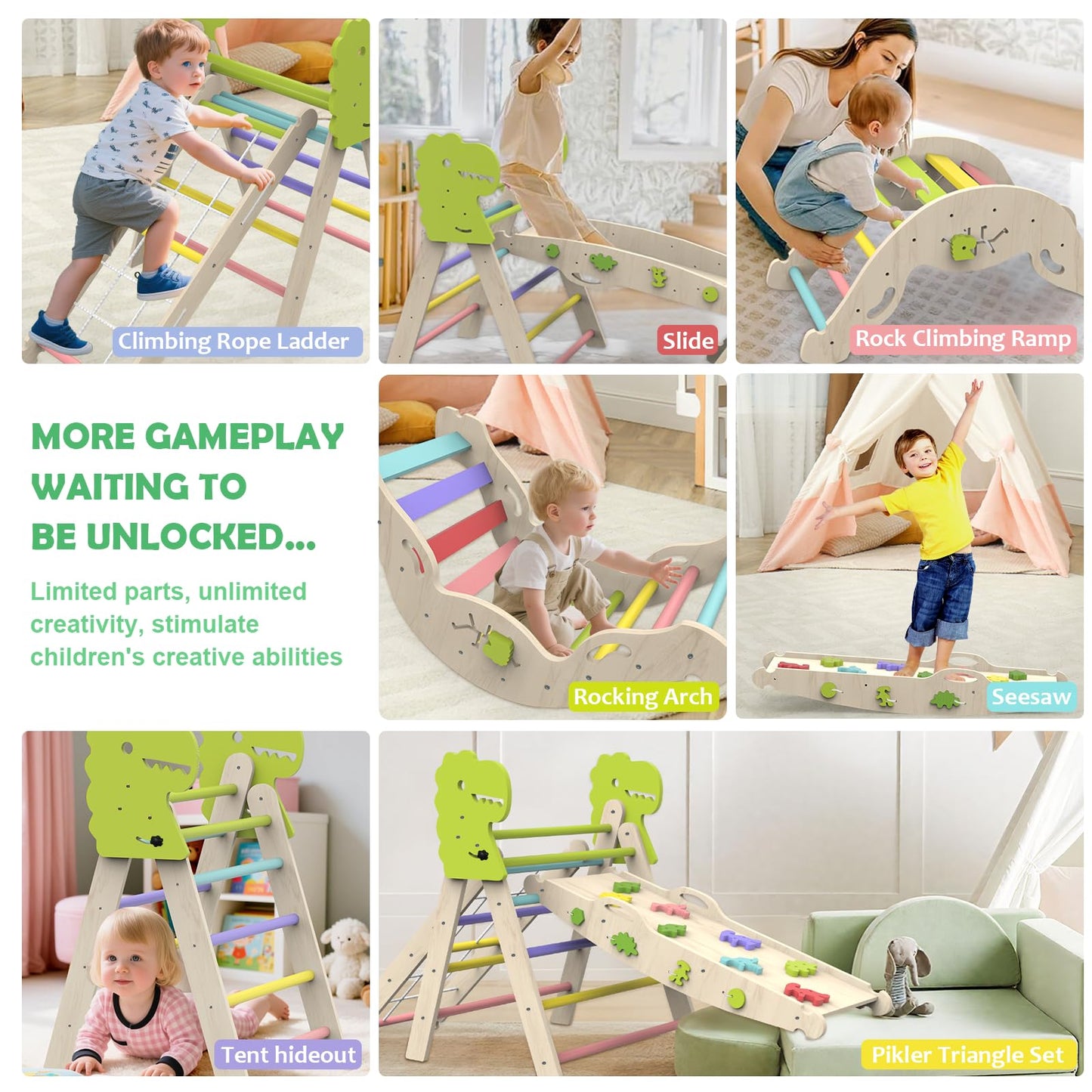 Jasite Pikler Triangle Set with Cushion, 12 in 1 Toddler Montessori Toys Indoor Baby Climbing Gym Pikler Triangle Climbing Set Wooden Toy Climbing Rope Ladder, Shape Sorter, Push Car 【Dinosaur Toys】