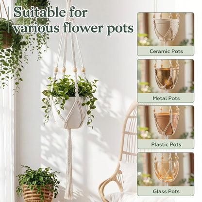 Huquary 3 Pack Macrame Plant Hanger with Grow Light Hanging Boho Planter Basket Flower Holder and Hanging Remote Grow Lights for Indoor Plants Suitable for Different Size Pots(White)