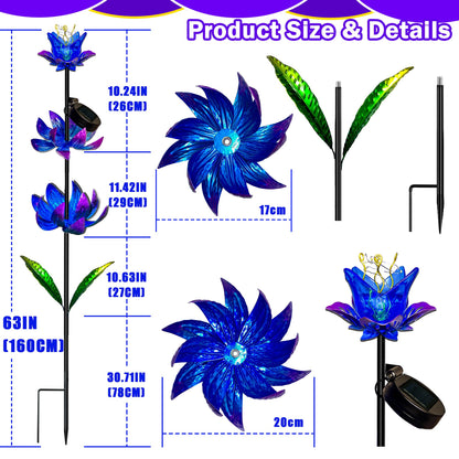 Solar Wind Spinner Outdoor, 63 Inch Metal Wind Spinner Yard Art with LED Lights, Three-Layer Flower Design Pinwheels for Yard and Garden Decor, Solar Garden Decor