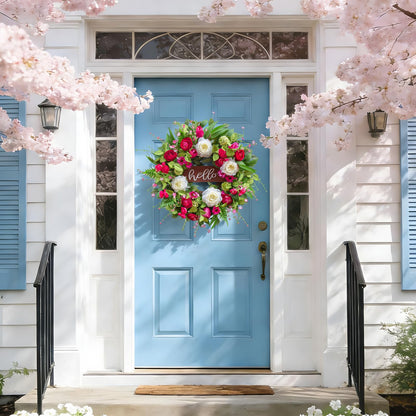 Pinkpuii Spring Wreaths for Front Door Outside– 24 Inch Spring Summer Wreath with Vibrant Pink Peony,Tulip & White Rose Flowers and Hello Wooden Sign,Ideal for Farnhouse Porch,Wall,Window Décor