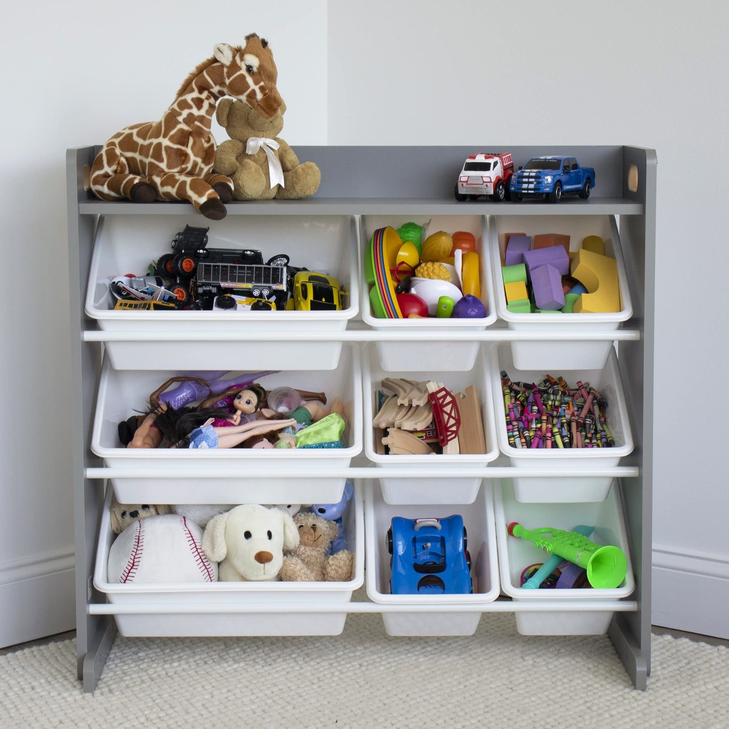 Humble Crew Toy Storage Organizer with Top Shelf and 9 Removable Bins, Grey/White – Toddler Bookshelf with Toy Organizer - Modern Toy Rack Ideal for Kids' Rooms, Playrooms, and Nurseries
