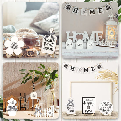 Tatuo 18 Pcs Farmhouse Tiered Tray Decor Set Home Wooden Signs Rustic Home Tiered Tray Decorations Buffalo Plaid Farmhouse Tabletop Wood Signs for Kitchen Table Shelf Decor