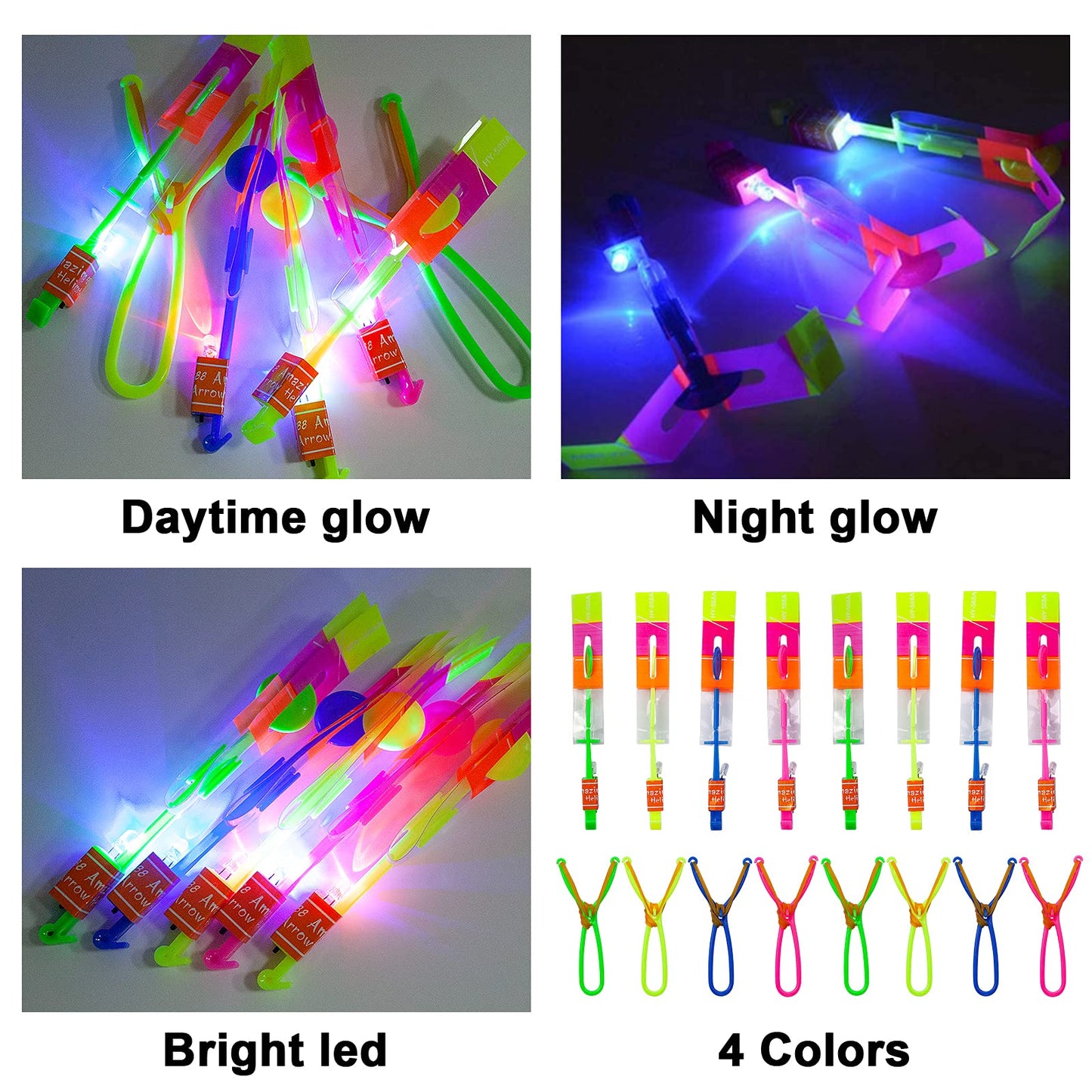 Rocket Slingshot Flying with LED Lights Glow The Dark Party,12 Launchers + 12 LED Helicopters,Slingshot Amazing Arrow Helicopter Glow Supplies for Kids (24 Pieces)