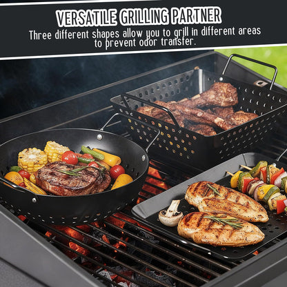 Teecyhooo 3 Pack Grill Topper Pans for Outdoor Grill, Stainless Steel Vegetables BBQ Grilling Basket with Holes Handles, Nonstick Barbecue Pan Grilling Gifts for Camping Picnic Cooking Seafood Meat