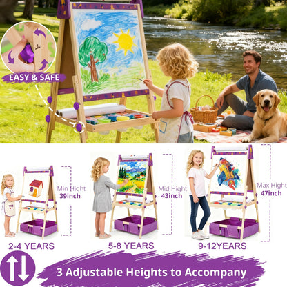 Purple Art Easel for Kids, Kids Art Easel with 3 Paper Roll, Magnetic Whiteboard and Chalkboard,Adjustable Standing Wooden Toddler Easel for Painting Double Sided,3in1 Painting Easel for 2-4 4-8 Gift